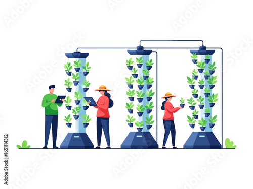 Vertical Farming: A visually engaging illustration captures the essence of urban agriculture, depicting individuals interacting with a modern vertical farm.