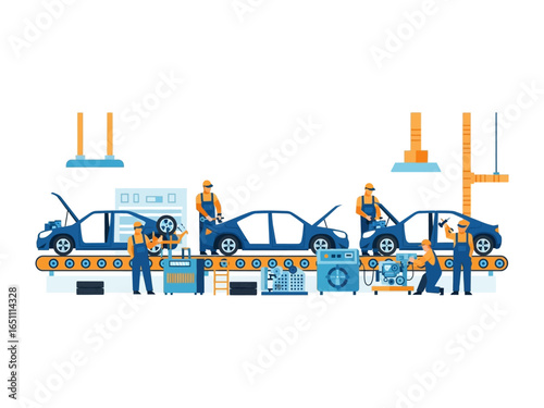Automotive Assembly Line: An artistic rendering shows the assembly of vehicles with technicians busily working on car components in a manufacturing environment.