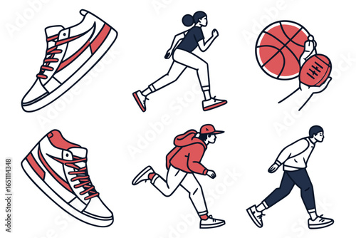 Collection of athletic shoes and people engaged in sports activities