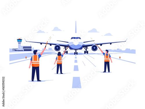 Guiding the Giant: An illustrated view of airport staff guiding a passenger airplane towards the runway with precision and focus. The blue and white color palette reflects the serenity of the flight.
