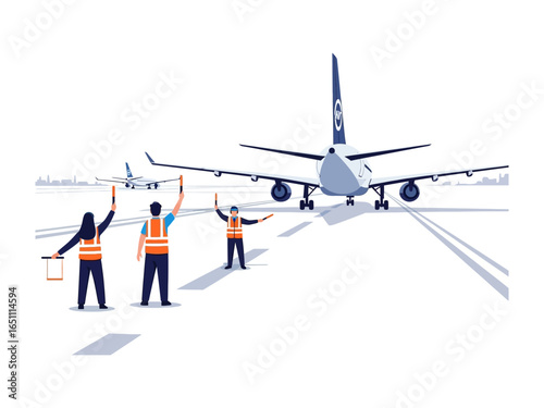 Guiding Aircraft with Precision: Airline ground crew members orchestrate the seamless movement of an airplane on the runway, a ballet of coordination.
