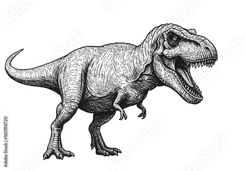 Detailed monochrome illustration of a Tyrannosaurus Rex, showcasing its form.