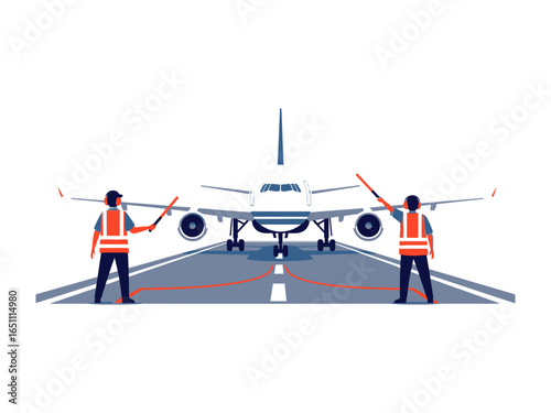 Guiding the Aerial Giant: Two aviation ground personnel meticulously direct a sleek aircraft onto the runway, ensuring a smooth and safe landing in this illustration.