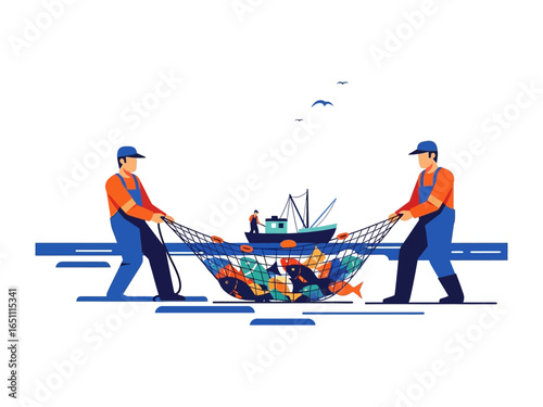 Harvesting the Deep: Two fishermen work together on the open sea, hauling in a bountiful catch of fish with a net, set against a backdrop of a fishing boat