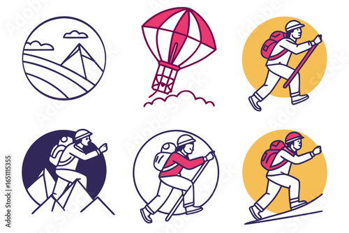 Set of icons depicting hiking and mountaineering activities