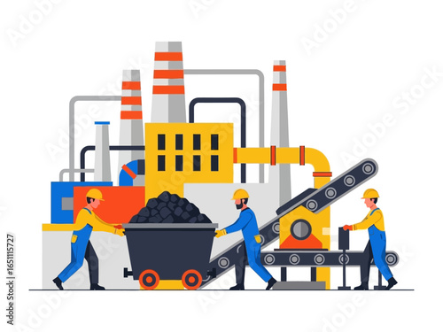Coal Mining: A stylized illustration of a bustling coal mining operation, where laborers work in unison to extract the raw materials essential for energy.