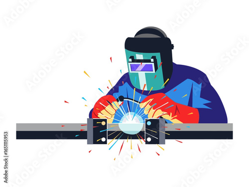 Welder at Work: A skilled welder is meticulously at work, using advanced equipment to expertly join metal pieces with precision and care.  A modern view of industrial craftsmanship.