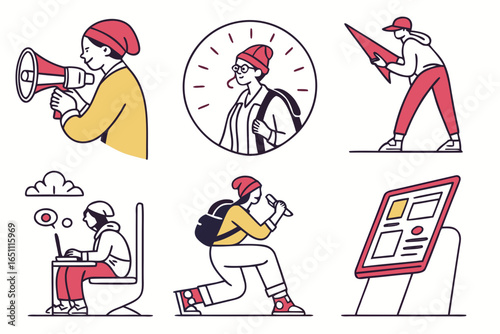 Set of illustrations depicting women engaged in various activities
