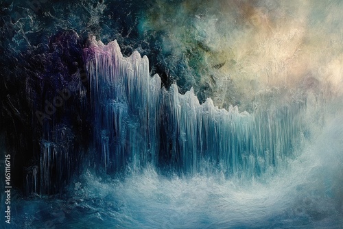 An abstract painting depicting a frozen waterfall with long icicles and a swirling, misty backdrop.