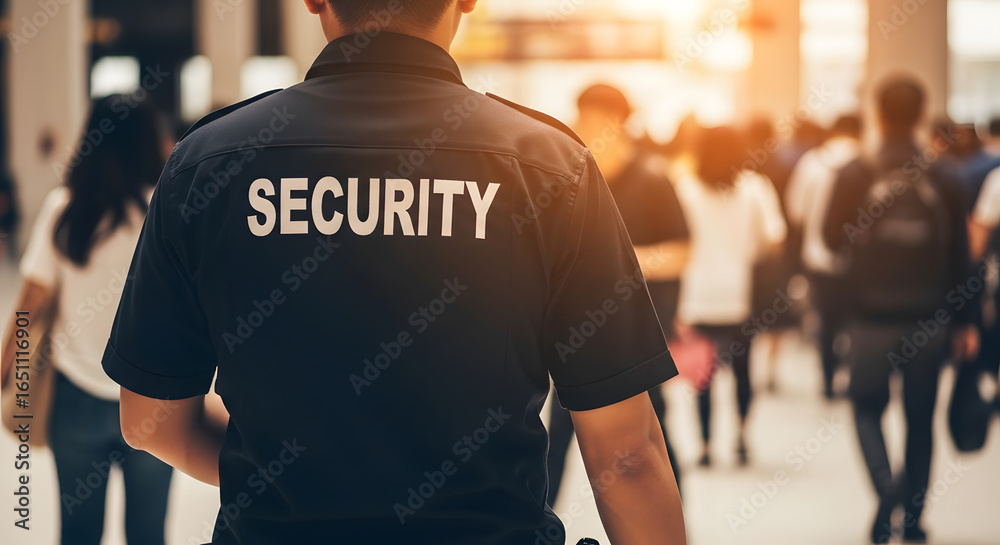 custom made wallpaper toronto digitalBack view of a security guard in uniform standing watch in a crowded public area. Concept of safety, protection, surveillance, and public security.
