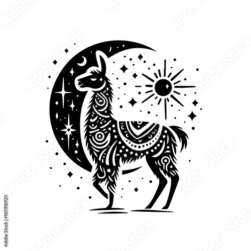 Llama with celestial patterns and moon and sun