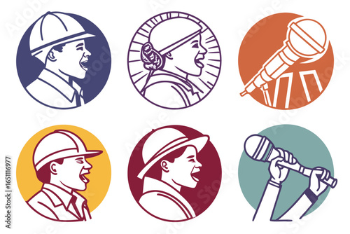 Set of icons with people singing, speaking, and working