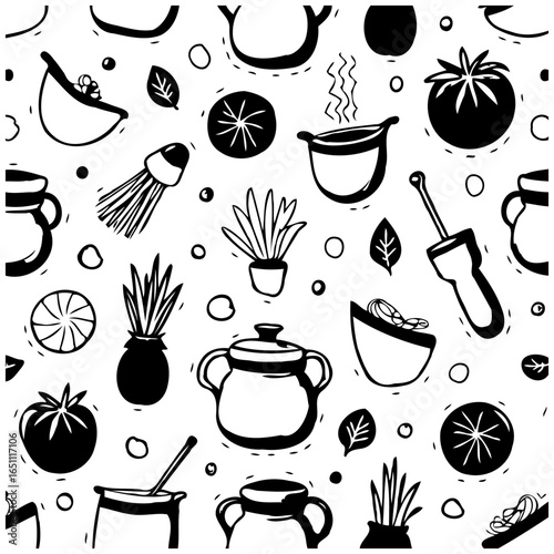 Black and white doodle seamless pattern showcasing kitchen essentials and food items in hand drawn style
