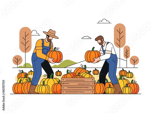 Harvest Bounty: Two individuals diligently work to gather the bountiful harvest, arranging the vibrant orange pumpkins in a wooden crate and on the earth. A vivid celebration of fall season.