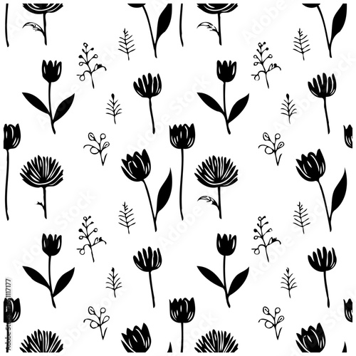 Elegant floral pattern featuring stylized tulips and botanical elements in black and white repeating design