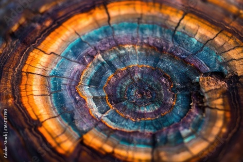 Macro shot reveals vibrant, concentric layers in tree trunk with orange, blue, and purple hues.