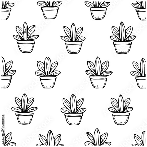 Seamless pattern of hand-drawn succulent plants in pots creates a minimalist botanical elegance on white