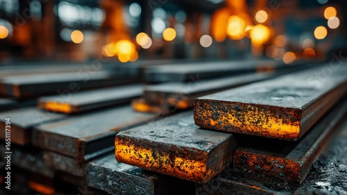 Hot steel billets stacked in rows inside a metal foundry, glowing orange, photographed with shallow focus, concept of heavy industry and metallurgy