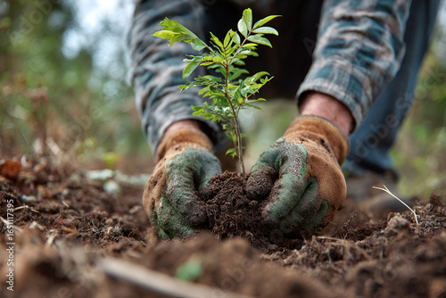 Close-up of hands planting a young tree sapling in rich soil, showcasing environmental conservation and growth.