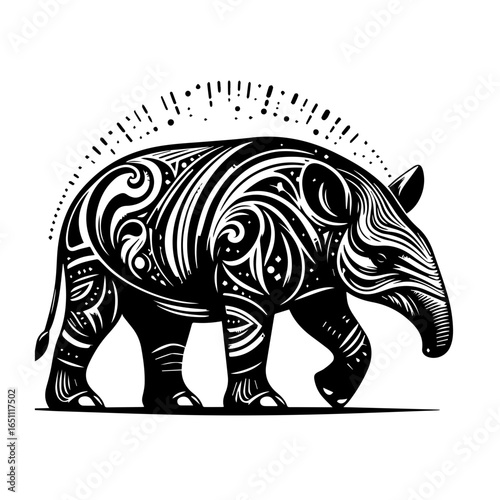 Stylized tapir with ornate tribal pattern isolated on white