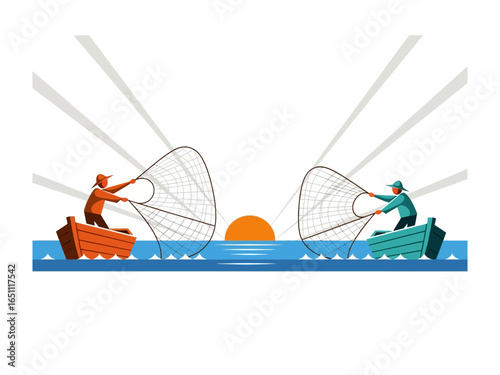 Harmony on the Horizon: Two fishermen on small boats, with nets outstretched, fish the sea with a backdrop of the rising or setting sun and radiating light.