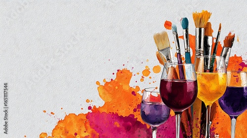 Fototapeta Naklejka Na Ścianę i Meble -  Awesome photo of art and wine night banner with paintbrushes, wine glasses, and creative splashes of color, ready to advertise summer sip and paint deals.