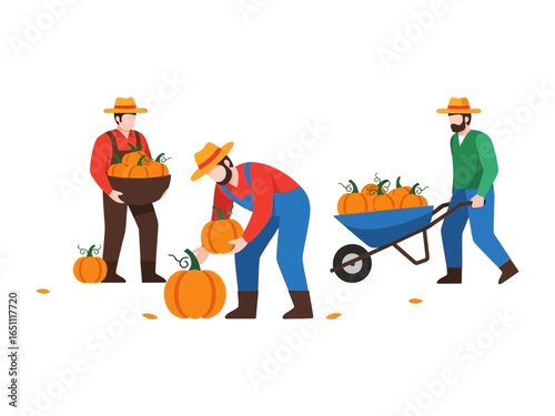 Pumpkin Harvest Gathering: Depicting a scene of labor, farmers engaged in harvesting pumpkins on the field, each individual with purpose and effort. A celebration of autumnal bounty.