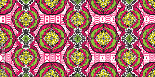 Floral Ankara prints, African wax prints. African ethnic traditional pink green color pattern. seamless beautiful Kitenge, chitenge style. fashion design in pink. Geometric circle abstract motif. 