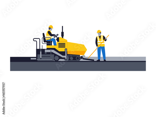 Asphalt Paving: Two construction workers collaborating on asphalt paving using the heavy machinery to spread and level new asphalt on road. Illustrating construction industry