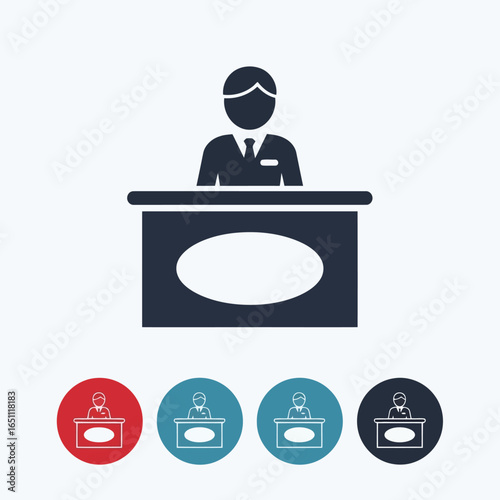 Vector illustration of receptionist at the desk icon with colorful circles below