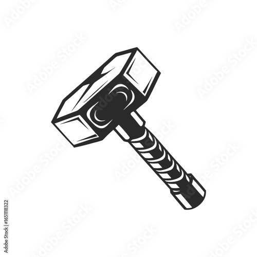 Black and white vector illustration of Thor's hammer Mjolnir with a textured handle norse mythology
