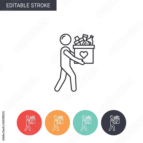 Vector illustration of person carrying a donation box with heart symbol, isolated on white background