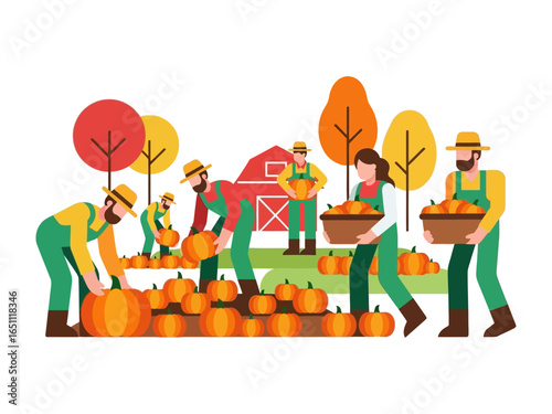 Harvest Bounty: A vibrant illustration depicting a diverse group of farmers, diligently gathering the autumn harvest of plump pumpkins.