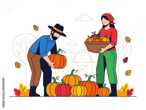 Autumn Harvest: Capturing the essence of a bountiful autumn season, a pair of figures tenderly gather and present a vibrant display of pumpkins, against a scenic backdrop of a farmhouse, leaves.