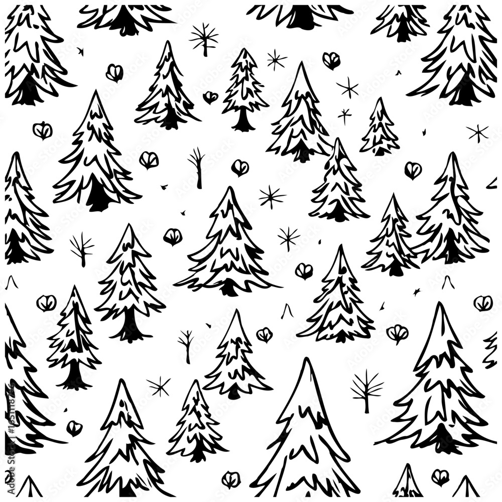 Obraz premium Whimsical winter forest pattern: a delightful illustration with hand-drawn christmas trees and snowflakes creating a festive and enchanting atmosphere