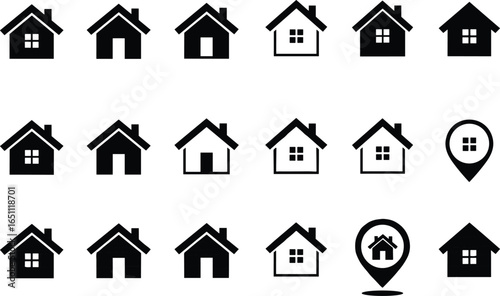 Collection of black and white home icons, house symbols, real estate graphic, vector design elements for web, mobile, UI projects