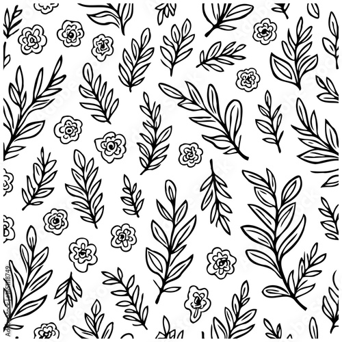 Monochrome botanical pattern with flowers and leaves evokes a calming and artistic feel for various designs