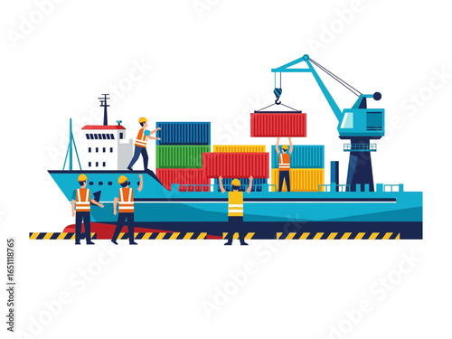 Ocean Freighter at Dock: A freight-laden freighter at a bustling dock, with stevedores diligently maneuvering cargo containers, underscoring the efficiency of maritime transport and global commerce.