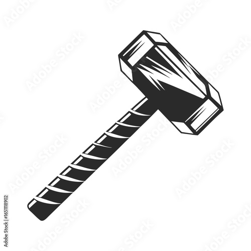 Stylized black and white illustration of a hammer with a faceted head and textured handle tool