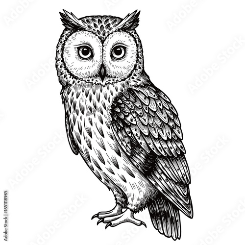 Detailed ink drawing of a majestic owl, perched and facing forward, showcasing intricate feather detail.