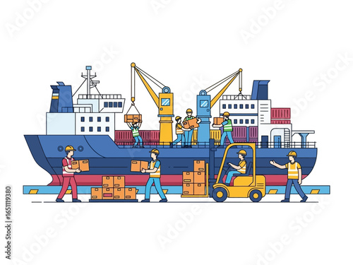 Global Commerce in Action: Illustrative depiction of cargo ship operations, with workers, cranes, and forklifts actively engaged in the global distribution and delivery of goods.