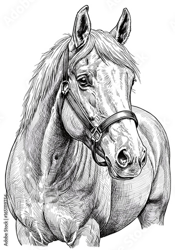 Detailed monochrome drawing of a horse head with bridle, looking slightly to the right.