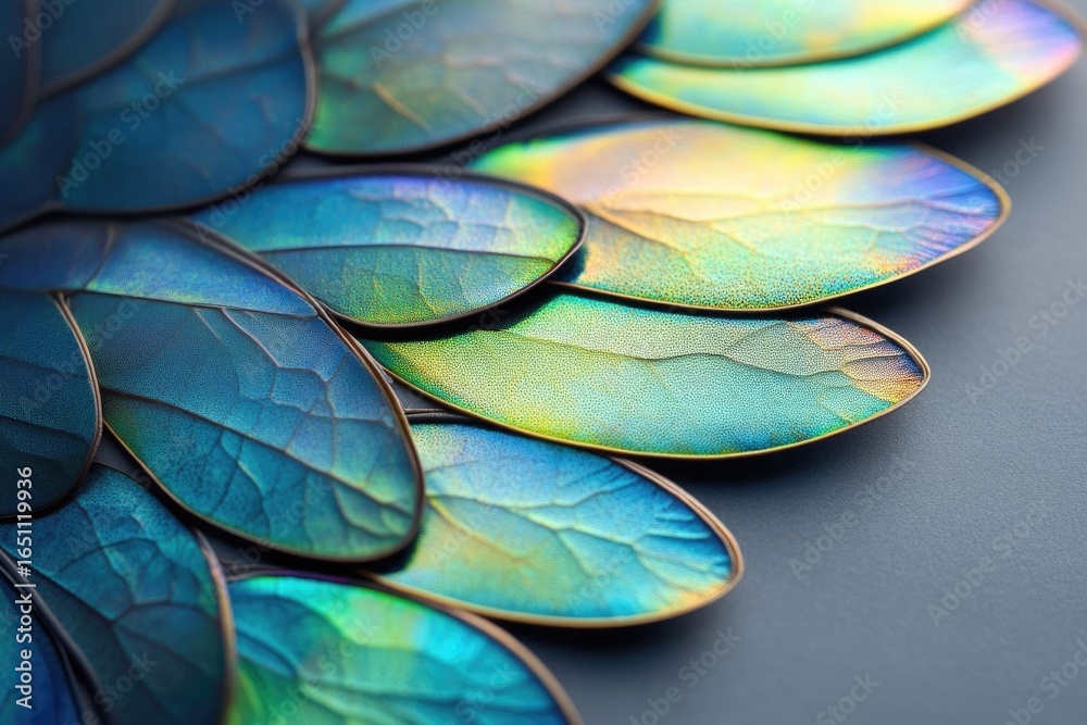 Obraz premium A stack of iridescent dragonfly wings showing intricate vein patterns, reflecting blue, green, and gold colors on a sleek background.