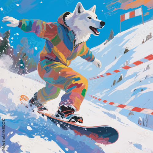 Extreme Sports White Wolf Illustration for Winter Sports Design Template and Cliff Background