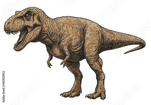 Detailed illustration of a Tyrannosaurus Rex, depicted with open mouth and upright stance.