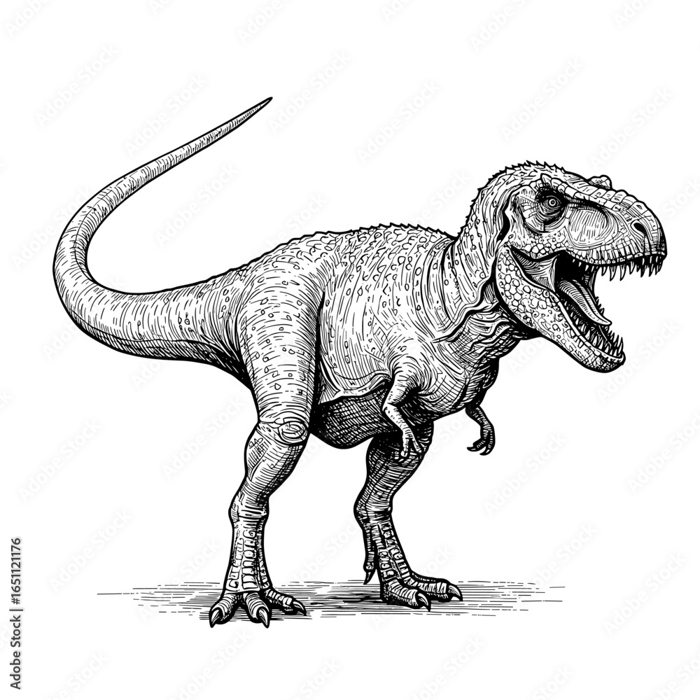 Obraz premium Detailed illustration of a Tyrannosaurus Rex, depicted in a vintage engraving style, standing with its mouth open.