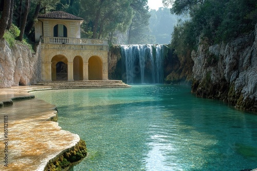 Scenic view of a turquoise pool below a cascading waterfall and an old stone building in a lush green forest.