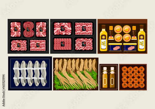 Korean Chuseok, Lunar New Year holiday gift set. Korean beef, oil, ham, tuna can, dried yellow corvina, ginseng, sesame oil