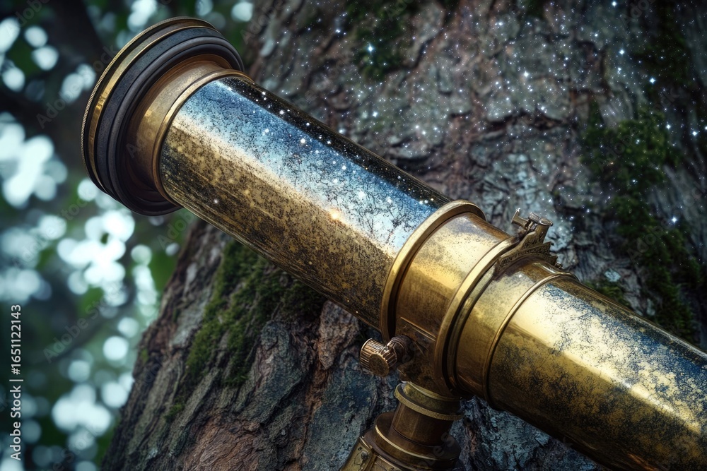 Obraz premium A vintage brass telescope leans against a weathered tree, reflecting stars, hinting at cosmic explorations and dreams of the universe.