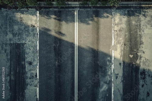 Aerial shot of a road with double white lines, flanked by textured concrete and greenery.